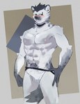 anthro black_hair blush body_hair bulge clothed clothing collar detailed_bulge erection erection_under_clothing eyebrow_piercing facial_piercing fur genital_outline grey_body grey_fur hair looking_at_viewer male markings muscular muscular_anthro muscular_male penis_outline piercing pubes smile solo spots spotted_body spotted_fur underwear pu94_d1de4c arknights hypergryph studio_montagne spot_(arknights) hyena mammal spotted_hyena 2022 absurd_res hi_res