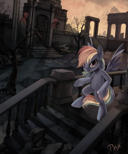 blue_body blue_feathers blue_fur building castle cloud column cutie_mark dead_tree detailed_background feathered_wings feathers female feral flag fur hair mountain multicolored_hair outside plant purple_eyes rainbow_hair sky solo stairs standing tree wings ponykillerx friendship_is_magic hasbro my_little_pony mythology rainbow_dash_(mlp) equid equine mammal mythological_creature mythological_equine pegasus 2014 5:6