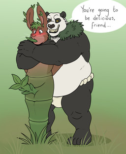 anthro asian_clothing belly big_belly blush brown_body brown_fur bulge clothing dialogue duo east_asian_clothing fur imminent_vore inanimate_transformation japanese_clothing male male/male mawashi musclegut muscular plant_transformation text threatening_vore transformation white_body white_fur yellow_sclera blueballs bear giant_panda lagomorph leporid mammal rabbit hi_res