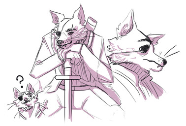 5_fingers anthro arms_bent black_eyebrows black_nose bodily_fluids bottomwear cheek_tuft claws closed_smile clothed clothed_anthro clothed_male clothing coat confusion eye_patch eye_scar eyebrows eyewear facial_scar facial_tuft fangs finger_claws fingers fully_clothed fully_clothed_anthro fully_clothed_male fur leaning_on_sword male male_anthro melee_weapon mouth_closed open_clothing open_coat open_topwear pants purple_nose question_mark scar sheathed_sword shirt simple_background smile smiling_at_viewer solo sweat sweatdrop sword teeth topwear tuft weapon whisker_spots whiskers white_background white_body white_bottomwear white_claws white_clothing white_coat white_eyes white_fur white_pants white_shirt white_topwear lunareel canid canine fox mammal 2019 digital_drawing_(artwork) digital_media_(artwork) english_description monochrome shaded sketch_page