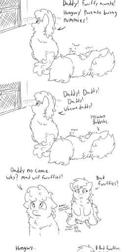 abandoned ambiguous_feral ambiguous_gender baby_talk bodily_fluids breastfeeding crying dialogue eyes_closed female female_feral fence feral fur hair hungry lying neonate nipples on_front on_side open_mouth quadruped sleeping sleeping_together tail tears teats text yawn young young_ambiguous young_feral anonymous_artist fluffy_pony fluffy_pony_(species) mammal absurd_res black_and_white comic digital_media_(artwork) english_text hi_res monochrome