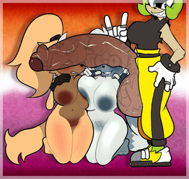anthro balls big_balls big_breasts big_penis black_clothing black_gloves black_handwear bodily_fluids bottomwear breasts brown_penis clothing drooling erection female footwear foreskin genitals gloves grin group gynomorph gynomorph/female hair handwear huge_balls huge_penis intersex intersex/female kneeling lesbian_pride_colors lgbt_pride nude nude_female pants penis ponytail pride_colors ring_(jewelry) saliva sharp_teeth shirt shoes smile submissive submissive_female tail teeth topwear translucent translucent_penis trio vulva white_clothing white_gloves white_handwear twixbartrix idw_publishing sega sonic_the_hedgehog_(comics) sonic_the_hedgehog_(idw) sonic_the_hedgehog_(series) surge_the_tenrec tangle_the_lemur whisper_the_wolf afrosoricid canid canine canis lemur mammal primate strepsirrhine tenrec wolf absurd_res hi_res