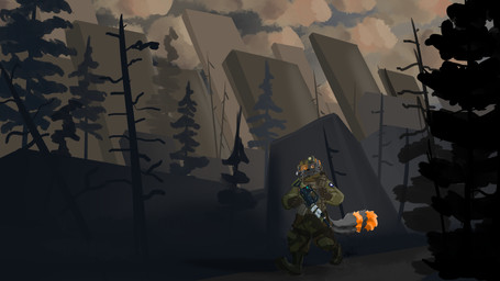 ambiguous_gender anthro armor body_armor bottomwear camo camo_bottomwear camo_clothing camo_pants camo_print cliff clothing detailed_background fir_tree flashlight gun headgear helmet holding_gun holding_object holding_ranged_weapon holding_rifle holding_weapon knee_pads markings military_uniform orange_eyes outside pants pattern_bottomwear pattern_clothing pattern_pants plant ranged_weapon rifle rock scouter solo striped_markings striped_tail stripes sunset tail tail_markings tree uniform valley walking weapon adalore project_silverfish gulonine mammal marten mustelid musteline 16:9 2025 hi_res widescreen