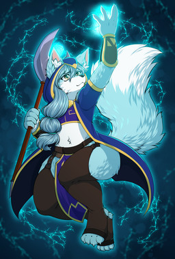 anthro axe clothed clothing electricity fantasy_weapon female gem magic magic_user melee_weapon polearm smile solo thick_thighs weapon lovelesskiax aero_vonheart canid canine fennec_fox fox mammal true_fox 2016 digital_media_(artwork) hi_res
