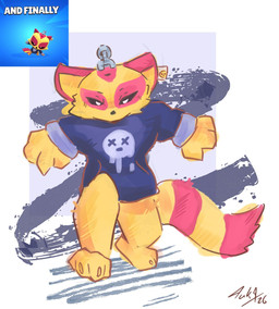 accessory anthro bottomless clothed clothing hoodie hoodie_only multicolored_body solo topwear topwear_only toy two_tone_body 4uka brawl_stars supercell_(company) edgar_(brawl_stars) hybrid mammal procyonid raccoon hi_res