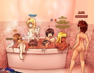 absorption_vore bathroom bathtub breast_rest breasts butt clothing detailed_background discarded_clothing dripping erection exclamation_point female forced genitals goo_transformation group heart_symbol humanoid_genitalia humanoid_penis inside interrobang male melting melting_mouth merge_transformation merging not_furry nude penis shocked slime sound_effects steam text transformation vore wide_eyed modeseven ami_dixie goo_creature human humanoid mammal english_text