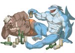 anthro asian_clothing barazoku blue_body brown_body brown_fur bulge clothing drunk duo east_asian_clothing fundoshi fur humanoid_hands japanese_clothing kemono male musclegut muscular muscular_male overweight overweight_male simple_background sitting substance_intoxication underwear white_background fishingmanmax lifewonders live_a_hero goro_(live_a_hero) isaribi bear fish mammal marine shark 2020 absurd_res hi_res