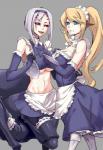 blonde_hair blue_eyes breasts cleavage clothed clothing duo female hair hand_behind_back holding_object long_hair maid_uniform midriff monster_girl_(genre) multi_eye navel open_mouth plate ponytail red_eyes short_hair simple_background under_boob uniform white_hair pd european_mythology greek_mythology monster_musume mythology centorea_shianus_(monster_musume) rachnera_arachnera_(monster_musume) arachne arachnid arachnid_taur arthropod arthropod_taur centaur equid equid_taur humanoid_taur mammal mammal_taur spider spider_taur taur 2016