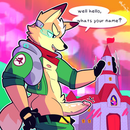 anthro balls blush building castle clothed clothing erection fur genitals glans greeting humanoid_genitalia macro male nipples penis solo tail text topwear undressing undressing_self fizzyjay nintendo star_fox fox_mccloud canid canine mammal 1:1 digital_media_(artwork) english_text hi_res
