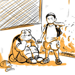 anthro backpack blush bodily_fluids bottomwear clothing crying duo humanoid_hands kemono male shirt shorts sitting slightly_chubby tears topwear young mtmnkmn125 canid canine canis domestic_dog human mammal 1:1 2020 hi_res
