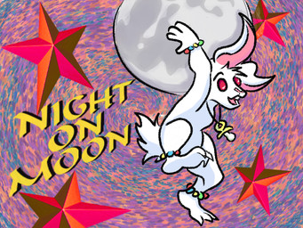 abstract_background ambiguous_gender anthro beaded_jewelry beads bracelet dancing fur jewelry kandi_(jewelry) moon pacifier pacifier_necklace rave red_eyes solo star text white_body white_fur lazy_ruby lagomorph leporid mammal rabbit 4:3