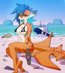 anthro beach bikini black_bikini black_clothing black_swimwear blue_hair blue_tongue boat bottle breasts clothed clothing container crossed_legs detailed_background feet female fin gills hair hands_behind_back looking_at_viewer multicolored_body nipple_outline non-mammal_breasts open_mouth orange_body orange_eyes rock seashell seaside shell sitting skimpy solo swimwear tail teeth thick_tail tongue tongue_out two-piece_swimsuit vehicle watercraft white_body fw-ch jyxa fish marine requiem_shark shark tiger_shark 2021 digital_drawing_(artwork) digital_media_(artwork) hi_res