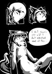 anthro dark_lighting dialogue ears_back erection genitals glans looking_down looking_up male nude penis pivoted_ears scar sitting solo tail text worried dragonweirdo cyberconnect2 little_tail_bronx solatorobo red_savarin canid caninu mammal absurd_res black_and_white comic english_text hi_res monochrome