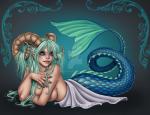 astrological_symbol big_breasts blue_body blue_scales breasts capricorn capricorn_(symbol) capricorn_(zodiac) colored_nails female green_hair hair harpyqueen hi_res horn lying nails non-mammal_breasts personification purple_eyes scales scalie side_boob solo symbol watermark western_zodiac western_zodiac_symbol