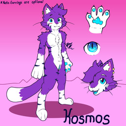 andromorph anthro blue_eyes cat_tail ear_piercing fur genitals gradient_background humanoid_genitalia humanoid_vulva intersex multicolored_body multicolored_fur piercing purple_body purple_fur simple_background solo stripes vulva whiskers k0sm00s k0sm00s_(character) domestic_cat felid feline felis mammal 1:1 hi_res model_sheet