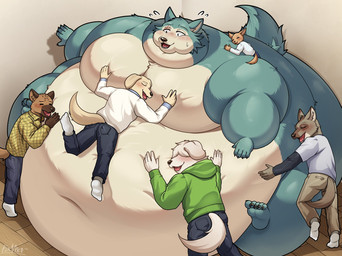 anthro belly big_belly blue_body blue_bottomwear blue_clothing blue_fur blue_pants blush bodily_fluids bottomwear brown_body brown_fur chubby_cheeks clothing denim denim_bottomwear denim_clothing eye_scar eyes_closed facial_scar fur green_clothing green_hoodie green_sweatshirt green_topwear grey_body grey_fur group hair hair_over_eyes hoodie hug huge_belly hyper hyper_belly jeans male moobs morbidly_obese morbidly_obese_anthro morbidly_obese_male navel nude obese obese_anthro obese_male on_another's_belly open_mouth overweight overweight_anthro overweight_male pants pink_tongue scar shirt sweat sweatdrop tan_body tan_bottomwear tan_clothing tan_fur tan_pants tongue topwear white_clothing white_shirt white_topwear senakun0530 beastars collot_(beastars) durham_(beastars) jack_(beastars) legoshi_(beastars) miguno_(beastars) voss_(beastars) bird_dog canid canine canis domestic_dog golden_retriever hunting_dog mammal retriever wolf hi_res