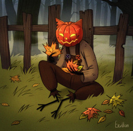 ambiguous_gender anthro autumn cozy food forest fruit holidays leaf plant pumpkin scarecrow solo tree ekvilion art_fight artfight2022 halloween domestic_cat felid feline felis mammal monster hi_res