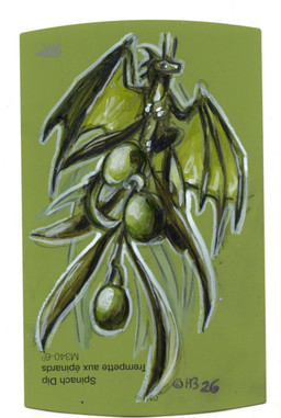 ambiguous_gender border feral food fruit green_body green_eyes horn leaf membrane_(anatomy) membranous_wings olive_(fruit) paint_sample_card plant solo text white_border wings heather_bruton mythology dragon mythological_creature mythological_scalie scalie 2026 acrylic_painting_(artwork) english_text painting_(artwork) traditional_media_(artwork) traditional_painting_(artwork)