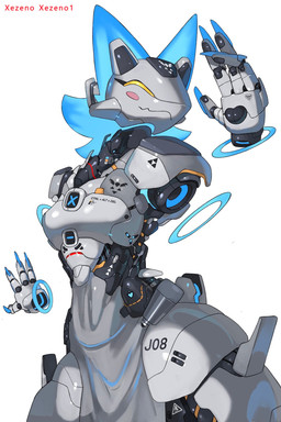 4_fingers armless blue_ears blush female fingers machine paws simple_background solo white_body yellow_eyes xezeno deltarune undertale_(series) tasque_manager android darkner felid feline mammal robot 2025 detailed hi_res