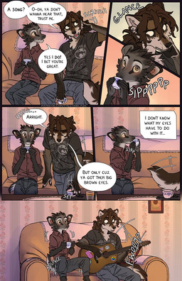 acoustic_guitar anthro biped black_nose blush brown_body brown_eyes brown_fur canine_teeth cheek_tuft container cup dialogue drinking duo facial_tuft fluffy fluffy_tail fur furniture grey_body grey_fur guitar hair head_tuft holding_container holding_cup holding_guitar holding_musical_instrument holding_object inner_monologue male musical_instrument on_sofa pleading_eyes plucked_string_instrument pointy_ears prick_ears sitting sitting_on_sofa snout sofa speech_bubble string_instrument table tail tan_body tan_fur text text_box thinking tuft tusks yellow_sclera falco_works indy_(justroadkill) pen_(falco_works) canid canine canis cervine coyote deer mammal tufted_deer 2025 comic digital_media_(artwork) english_text hi_res