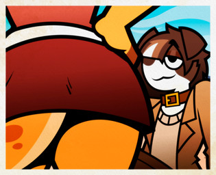 anthro bottomwear brown_body butt clothed clothing collar duo female fluffy_ears fur hand_on_hip looking_at_another low-angle_view male male/female orange_body orange_fur rear_view relaxing skirt standing tail white_body white_fur yellow_body felestrist mike_collie_(dokapi) zoe_roo_(dokapi) border_collie canid canine canis collie domestic_dog herding_dog kangaroo macropod mammal marsupial pastoral_dog sheepdog absurd_res hi_res