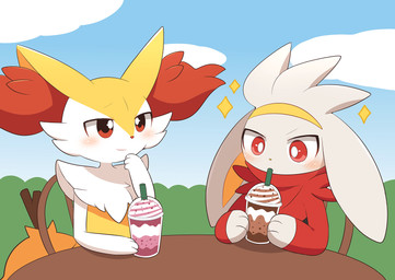 ambiguous_anthro ambiguous_gender anthro arm_tuft beverage blush blush_lines chair cheek_tuft chest_tuft closed_smile container cup detailed_background drinking drinking_straw duo facial_tuft flat_chested floppy_ears front_view fur furniture holding_container holding_cup holding_object inner_ear_fluff lop_ears mouth_closed multicolored_body multicolored_fur nude_ambiguous nude_anthro object_in_tail orange_body orange_eyes orange_fur orange_inner_ear_fluff orange_nose outside pink_nose pointy_ears prick_ears pseudo_clothing shoulder_tuft sitting smile sparkles stick stick_in_tail table tail tuft white_body white_fur yellow_body yellow_fur yellow_tail subaru331 nintendo pokemon braixen canid generation_6_pokemon generation_8_pokemon mammal pokemon_(species) raboot 2022 cel_shading colored digital_drawing_(artwork) digital_media_(artwork) hi_res shaded