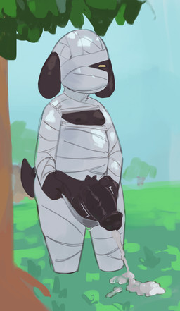 anthro balls bandage black_body black_fur black_penis bodily_fluids ejaculation floppy_ears fur genitals glowing glowing_eyes grass humanoid_genitalia humanoid_penis male moobs mummy_wrappings outside penis plant solo standing sweat sweaty_balls sweaty_genitalia tail throbbing throbbing_penis tree cocofish animal_crossing nintendo lucky_(animal_crossing) canid canine canis domestic_dog mammal hi_res