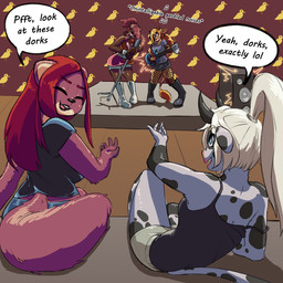 5_fingers anthro black_lips black_nose blonde_hair blue_eyes boots bottomwear breasts brown_body brown_fur cleavage clothed clothing dialogue electric_guitar electronics eyes_closed female fingers fishnet_clothing fishnet_legwear footwear fur group guitar hair holding_guitar holding_microphone holding_musical_instrument holding_object horn legwear lips markings microphone microphone_stand musical_instrument pink_body pink_fur pink_hair playing_music plucked_string_instrument ponytail red_hair shoes sitting skirt smile spots spotted_body standing string_instrument text white_boots white_clothing white_footwear cinnamimi alice_lovage samantha_(cinnamimi) tea_rivers bear bovid bovine cattle mammal mink mustelid musteline true_musteline 1:1 2022 digital_media_(artwork) english_text hi_res