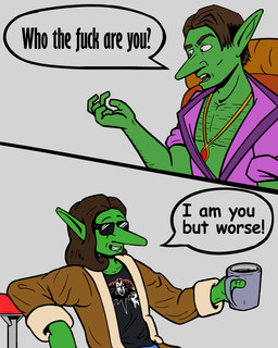 arm_hair beverage body_hair chest_hair clothing dialogue duo jewelry male not_furry robe text shock_trooper_(artist) esoteric_ebb snell_(esoteric_ebb) goblin humanoid 4:5 absurd_res comic english_text hi_res