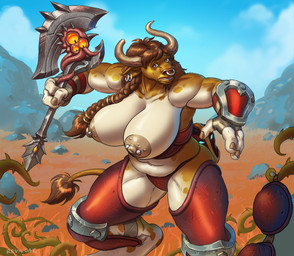 anthro armor axe big_breasts bracers breasts broken_armor brown_body brown_fur curvy_figure facial_piercing female fur greaves hair horn huge_breasts multicolored_body muscular nipple_piercing nipples nose_piercing nose_ring piercing plant ponytail ring_piercing solo thick_thighs thorns two_tone_body unwanted_exposure vines voluptuous wide_hips revilgaz blizzard_entertainment warcraft bovid bovine mammal tauren absurd_res detailed digital_drawing_(artwork) digital_media_(artwork) hi_res