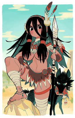 ambiguous_gender barefoot big_breasts black_body black_eyes black_fur black_hair blush blush_lines breasts cactus cloud desert duo eyelashes feathers feet female feral fur hair human_focus long_hair looking_at_viewer melee_weapon native_american native_american_clothing navel plant polearm pubes sky spear tail teal_eyes tribal weapon gashi-gashi canid canine canis domestic_dog human mammal 2025 hi_res