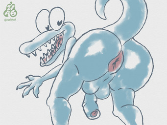 anthro anus backsack balls big_butt butt foreskin genitals glistening glistening_butt looking_at_viewer low-angle_view male mooning penis shaking_butt sharp_teeth simple_background smile solo tail teeth zyasixpear donkey_kong_(series) nintendo klampon klaptrap kremling scalie 2d_animation 4:3 animated loop sketch