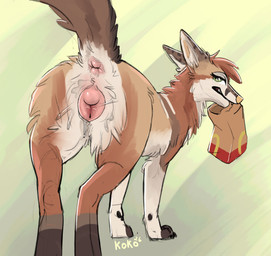 animal_genitalia animal_vulva anus bedroom_eyes bodily_fluids butt canine_genitalia canine_vulva dripping fast_food female feral food genital_fluids genitals green_eyes grin looking_at_viewer looking_back looking_back_at_viewer narrowed_eyes pink_vulva presenting presenting_anus presenting_hindquarters presenting_vulva raised_tail seductive smile solo tail tail_anus vaginal_fluid_drip vaginal_fluids vulva queenkoko mcdonald's ashkii_(amarok009) canid canine canis coyote mammal hi_res