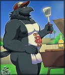anthro apron apron_only arm_hair barbecue beard black_nipples body_hair chest_hair clothing cooking facial_hair food hat headgear headwear leg_hair male mature_male moobs mostly_nude musclegut muscular muscular_male nipples solo spatula thick_thighs tools elfein andres_(elfein) avian bird corvid corvus_(genus) crow oscine passerine 2025 alternate_version_at_source hi_res