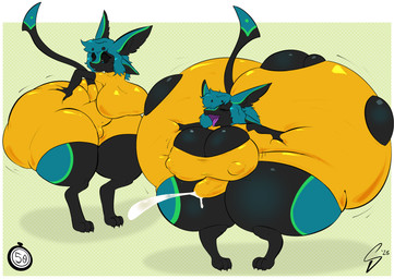 3_fingers 3_toes 4_ears anthro areola big_breasts big_butt black_arms black_body black_breasts black_butt black_claws black_ears black_face black_feathers black_fingers black_hands black_inner_ear black_legs black_sclera black_tail black_toes blue_body blue_ears blue_eyes blue_feathers blue_hair blue_tail_tip bodily_fluids border breast_expansion breasts butt butt_expansion butt_from_the_front claws clothed clothed_anthro clothed_gynomorph clothing cum cum_in_clothing cum_through_clothing dipstick_tail ejaculation expansion feather_hair feathers feet fingers genital_expansion genital_fluids grabbing_own_butt green_background green_body green_feathers gynomorph gynomorph_anthro hair huge_breasts huge_butt huge_hips huge_thighs hyper hyper_butt hyper_hips hyper_thighs ineffective_clothing intersex intersex_anthro markings multi_ear nipple_outline nipples nipples_visible_through_clothing non-mammal_areolas non-mammal_breasts non-mammal_nipples open_mouth pattern_background penis_expansion pseudo_hair purple_mouth purple_tongue simple_background skinsuit solo standing stretched stretched_clothing tail tail_markings thick_thighs tight_clothing toe_claws toes tongue torn_clothing wet wet_clothing white_border wide_hips wingless_avian yellow_clothing yellow_skinsuit squealydealy ralena/ralaku avali avian 2026 hi_res herm_(lore)
