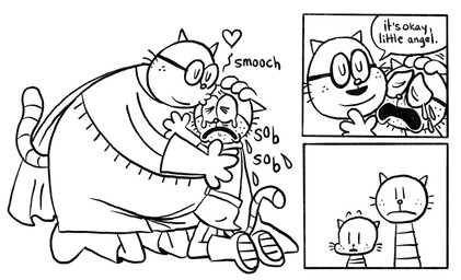 anthro bodily_fluids crying dialogue duo kissing male open_mouth overweight overweight_male superhero_costume tears text cubert dog_man_(series) big_jim_(dog_man) grampa_(dog_man) li'l_petey_(dog_man) petey_the_cat domestic_cat felid feline felis mammal 2025 comic english_text hi_res monochrome