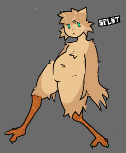 ambiguous_gender anthro brown_body brown_fur colored_nails fur green_eyes green_nails grey_background light_body light_fur nails simple_background solo text toony tuft whiskers wings splattterdd kash_(spl4t) avian bird chicken felid feline galliform hybrid mammal phasianid artist_name