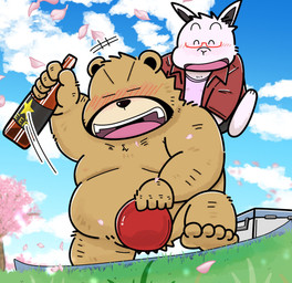 alcohol anthro beer beverage blush convenient_censorship drunk duo eyewear glasses kemono male male/male outside overweight overweight_male substance_intoxication gatoggy bear lagomorph leporid mammal rabbit 2025 hi_res