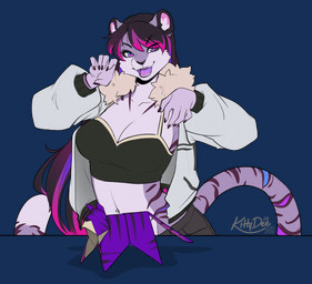 anthro biped bottomwear breasts claws clothed clothed_anthro clothed_female clothing countershade_torso countershading female fingers front_view fully_clothed fully_clothed_anthro fully_clothed_female fur hair looking_at_viewer navel smile solo standing stripes tail teeth tongue topwear kittydee felid feline mammal 2026 alpha_channel digital_drawing_(artwork) digital_media_(artwork)