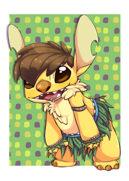 3_toes 4_fingers arm_tuft border brown_claws brown_eyes brown_hair brown_nose chest_tuft claws feet fingers fur grass_skirt hair leaning leaning_forward male notched_ear open_mouth open_smile outside_border pattern_background short_hair shoulder_tuft simple_background smile solo toes tuft white_border yellow_body yellow_fur yongelli disney lilo_and_stitch fan_character stitchils alien experiment_(lilo_and_stitch) 2021 absurd_res hi_res signature