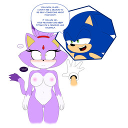 anthro areola black_nose blue_body blue_fur blush blush_lines breasts butt butt_from_the_front clothing dialogue dipstick_tail duo eyelashes female forehead_gem front_view fur gem genitals gloves gloves_(marking) green_eyes handwear male markings navel nipples nude open_mouth open_smile pink_areola pink_nipples purple_body purple_fur simple_background smile speech_bubble tail tail_markings tan_body tan_fur text thick_thighs vulva white_background white_body white_clothing white_fur white_gloves white_handwear wide_eyed wide_hips yellow_eyes duskxvi sega sonic_the_hedgehog_(series) blaze_the_cat sonic_the_hedgehog domestic_cat eulipotyphlan felid feline felis hedgehog mammal hi_res