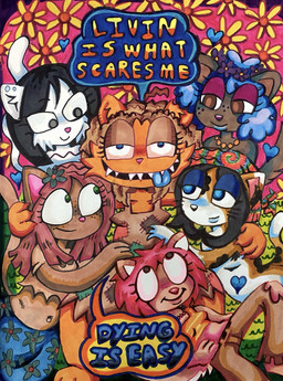 anthro clothed clothing fangs female female/female grin group hair half-closed_eyes harem looking_at_viewer narrowed_eyes naughty_face partially_clothed smile speech_bubble teeth tongue tongue_out snidemollusk calico_cat domestic_cat felid feline felis mammal 2025 hi_res traditional_media_(artwork)