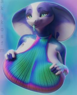 anthro big_breasts blue_body blue_eyes blue_nails blue_tongue breasts clothed clothing colored_nails eyebrows fangs female forked_tongue hand_on_breast hand_on_own_breast huge_breasts iridescent iridescent_clothing iridescent_topwear long_nails looking_at_viewer multicolored_body nails pupils raised_eyebrows short_snout slit_pupils smile snake_hood snout solo sweater teeth tongue tongue_out topwear two_tone_body virgin_killer_sweater white_body akikosfm valorlynz_(modeler) meme_clothing nisha_(bluedingo) cobra reptile scalie snake 3d_(artwork) absurd_res blender_(artwork) bust_portrait digital_media_(artwork) hi_res meme portrait