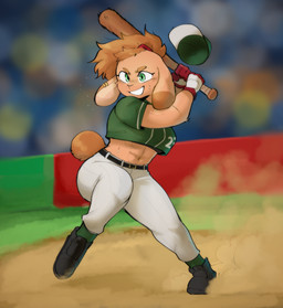 abs anthro athletic athletic_anthro athletic_female baseball baseball_(sport) baseball_bat baseball_cap bat_(object) belt black_clothing black_footwear black_shoes blurred_background bodily_fluids bottomwear breasts brown_eyebrows brown_hair brown_tail clothed clothed_anthro clothed_female clothing crowd dust ear_piercing eyebrows female female_anthro fingers floppy_ears footwear fur gloves green_clothing green_eyes green_footwear green_shirt green_socks green_topwear group hair handwear hat headgear headwear holding_baseball_bat lop_ears midriff navel number number_on_clothing pants piercing playing_baseball shirt shoes smile socks solo_focus sport sweat tail tan_body tan_ears tan_fur tan_inner_ear topwear white_bottomwear white_clothing white_pants white_sclera conditional_dnp sonokido ventura_city_drifters emily_lang lagomorph leporid mammal rabbit 2022 absurd_res digital_media_(artwork) full-length_portrait hi_res portrait