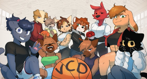 5_fingers abs anthro ball basketball_(ball) beak black_body black_bottomwear black_clothing black_crop_top black_ears black_fur black_hair black_jacket black_shirt black_shorts black_t-shirt black_tail black_topwear blue_bottomwear blue_clothing blue_ears blue_eyes blue_hair blue_shorts blue_tail bottomwear breasts brown_body brown_ears brown_fur brown_hair ceiling circle_eyebrows clothed clothed_anthro clothed_female clothed_male clothing collared_shirt crop_top crossed_arms dreadlocks eye_scar eye_through_hair eyebrow_piercing eyebrow_through_hair eyebrows eyes_closed facial_markings facial_piercing facial_scar feather_hair feathers female female_anthro fingerpads fingers floppy_ears flower front_view fully_clothed fully_clothed_anthro fully_clothed_female fully_clothed_male fur green_clothing green_crop_top green_eyes green_shirt green_topwear group hair hair_over_eye head_markings holding_flower holding_object jacket letterman_jacket long_sleeves lop_ears male male_anthro markings medium_breasts midriff muzzle_(object) one_eye_obstructed open_mouth open_smile pants pawpads piercing pink_pawpads plant pose pseudo_hair red_body red_clothing red_eyebrows red_feathers red_fur red_hair red_shirt red_topwear scar shirt short_sleeves shorts sleeveless_clothing smile t-shirt tail tan_body tan_ears tan_fur thick_eyebrows thin_eyebrows tied_hair topwear translucent translucent_hair white_bottomwear white_clothing white_inner_ear white_jacket white_sclera white_shirt white_shorts white_topwear yellow_sclera conditional_dnp sonokido ventura_city_drifters alina_scratch allison_hart brooklyn_gardner emily_lang jack_crossman marie_hewlett riley_evans rose_naire sahara_taylor violet_naire ailurid avian bird canid canine canis cardinal_(bird) coyote domestic_cat domestic_dog felid feline felis fennec_fox fox german_shepherd herding_dog lagomorph leporid mammal oscine passerine pastoral_dog piranga rabbit red_panda russian_blue scarlet_tanager true_fox 2022 absurd_res alternate_version_at_source digital_media_(artwork) hi_res