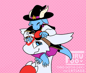 carrying_another climbing clothing hat headgear headwear shoulder_carry size_difference smile tail tapering_tail wizard_hat furufoo nintendo pokemon generation_3_pokemon kobold latias legendary_pokemon pokemon_(species) scalie invalid_tag