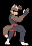 anthro black_sclera claws grin hindpaw male martial_arts_uniform muscular muscular_male paws pose red_eyes smile solo sportswear meatboom brutal_paws_of_fury kendo_coyote canid canine canis coyote mammal 2022 alpha_channel hi_res