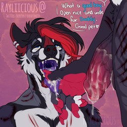 after_oral ahegao anthro anthro_on_anthro arm_tuft bdsm bite_mark black_body black_eyebrows black_fur black_hair black_lips black_nose blue_eyes bodily_fluids cheek_tuft cum cum_drip cum_in_mouth cum_inside cum_on_own_penis cum_on_penis cum_on_self cum_on_tongue dialogue dripping duo ear_piercing ear_ring exhausted eyebrows facial_tuft foreskin fur genital_fluids genitals glistening glistening_eyes glistening_tongue good_boy grey_body grey_fur hair half-erect heart_symbol humanoid_genitalia humanoid_penis lips looking_pleasured looking_up male male/male multicolored_hair narrowed_eyes open_mouth oral_invitation penis petplay piercing purple_tongue red_hair red_penis ring_piercing roleplay saliva saliva_on_penis saliva_on_tongue saliva_string scratches shoulder_tuft simple_background tears text tongue tongue_grab tongue_out tuft two_tone_hair uvula vein veiny_penis white_body white_fur wounded rayliicious dakota_(rayliicious) ronni_(rayliicious) canid canine canis domestic_dog mammal 1:1 artist_name digital_media_(artwork) english_text hi_res