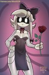 black_clothing black_dress bow_ribbon bow_tie breasts clothing cocktail_dress dress female hair hair_bows machine small_breasts solo white_body white_eyes white_hair mikansfw glitch_productions murder_drones cyn_(murder_drones) humanoid robot invalid_tag hi_res