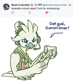 ambiguous_gender anthro ask_blog controller dialogue electronics game_controller headgear headphones headset male mischievous_smile solo taunting tongue tongue_out winged_arms wings sb_torchic nintendo the_legend_of_zelda tulin_(tloz) avian rito low_res